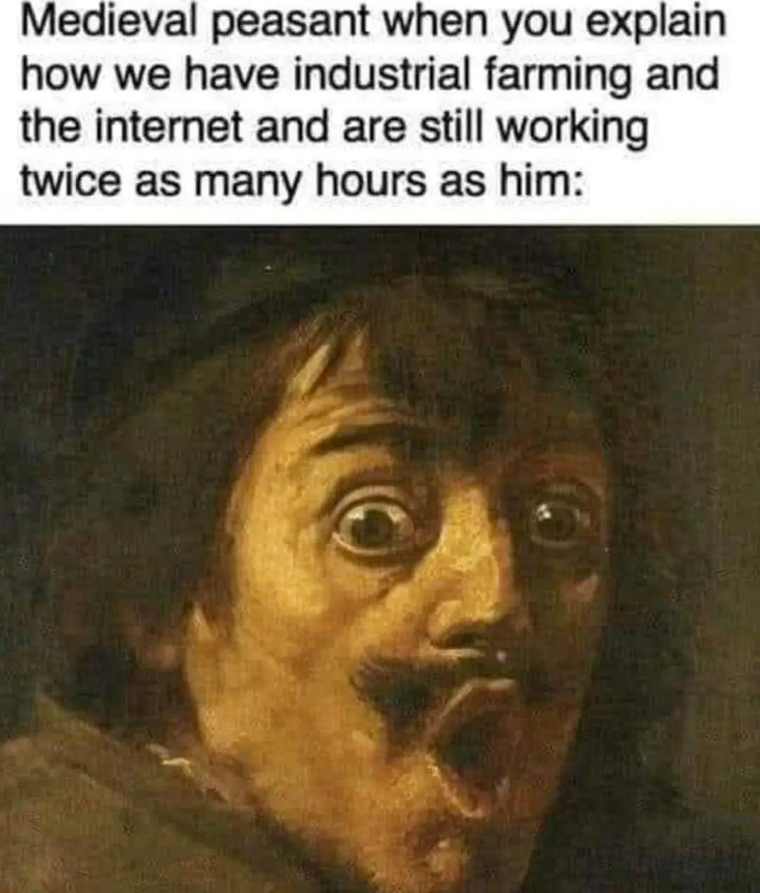 This meme is a humorous take on the contrast between the simplicity of medieval life and the complexity of modern technology. The image features a medieval peasant looking shocked and confused, with the text "Medieval peasant: 'You mean to tell me we have industrial farming and the internet, but we still have to work 12 hours a day?'"